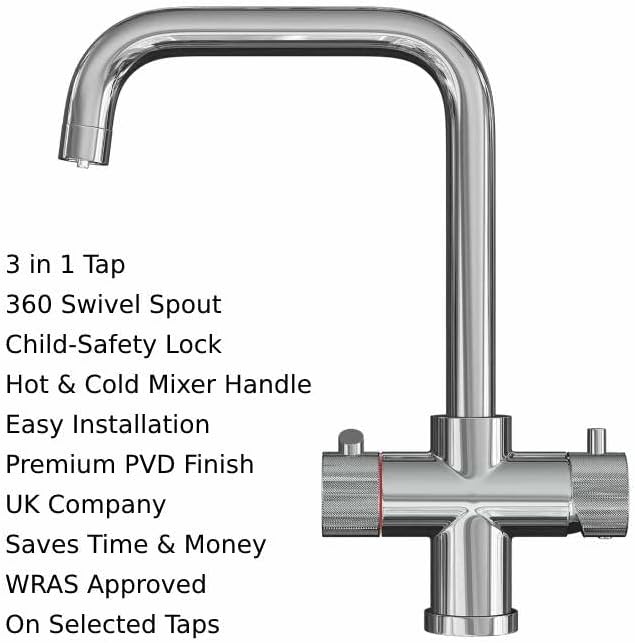 Key features of the Fohën Flagro tap including 3-in-1 function, 360 swivel spout, and child-safety lock.