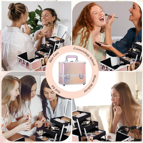 Image of MAYCREATE Portable Makeup Organizer Suitcase Aluminum Alloy Travel Suitcase Multi Compartment Stackable Drawers Design Make-up Artist Train Case with Makeup Mirror & Makeup Brush Holder