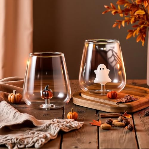 Halloween Stemless Wine Glasses, Ghost Pumpkin Wine Glasses with Ghost Inside, Drinking Wines, Water & Juice Glasses Party Cups 2 Set 12 Oz Drinking Glasses for Dinner Party Birthday Holiday - Image 2