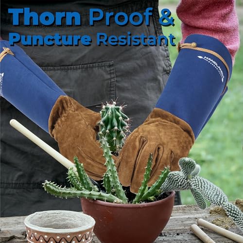 Image of HANDLANDY Rose Pruning Gloves for Men Women, Thorn Proof Gardening Gloves | Long Leather Gardening Gloves, Breathable Leather Gauntlet, Best Garden Gifts & Tools for Gardener (Blue, L)