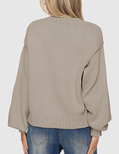 MEROKEETY Women's Fall Long Lantern Sleeve Cardigan Sweaters Casual Button Down Crewneck Open Front Coat3