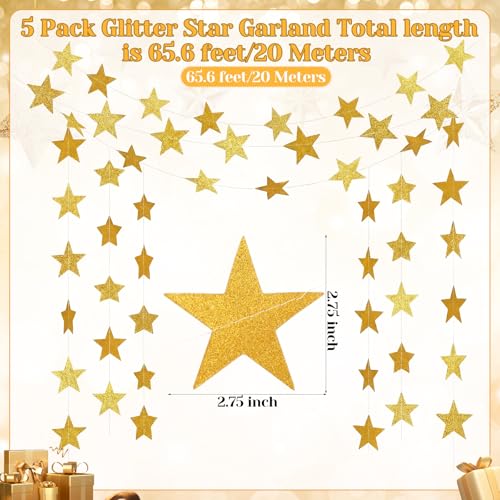 Image of Spakon 65 Feet Glitter Star Paper Garland Banner Hanging Decoration Star Streamers Double Side 2026 Graduation Decorations for Wedding Birthday Festival New Year Party Decoration(Glitter Gold)