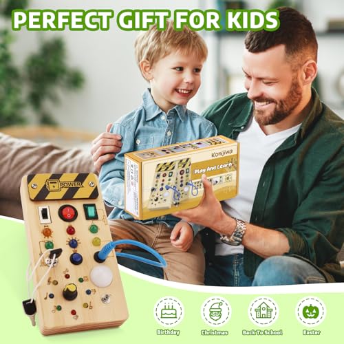 Image of wakeInsa Busy Board with led Light, Sorting Sensory Travel Toys for Toddlers 1-3, Wooden Toddler Busy Board Montessori Toys for 1+ Year Old
