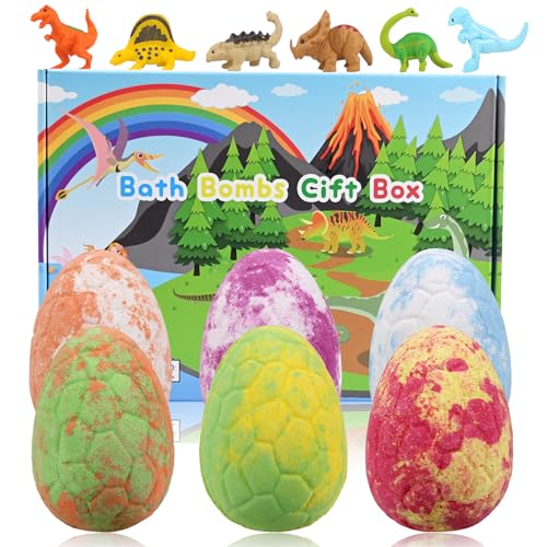 Smlper Bath Bombs for Kids with Surprise Inside 6 Pcs Dino Egg Handmade Natural Fizzy Bath Bombs Dinosaur Toys for Girls Boys Christmas Birthday Easter Gift Set (6 * 130g) (Dinosaur Toys-6PCS)