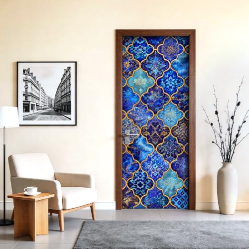 Image of Moroccan Tile Door Sticker, Blue Gold Door Cover, 30.3x78.7in
