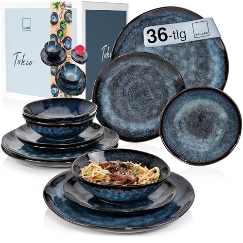 Sänger | Tafelservice Tokio 36 tlg, Geschirrset 12 Personen, Steingut Tableware Set, Essgeschirr, Modern Handmade, Essservice Dunkelblau mit schwarzen Akzenten| PREMIUM COLLECTION