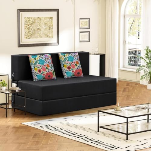 Image of Rosebell Foldable Two Seater Sofa Cum Bed, Sofa Bed 4X6 Feet, Jute Fabric- with Cushion Perfect for Home & Office - Black-Color