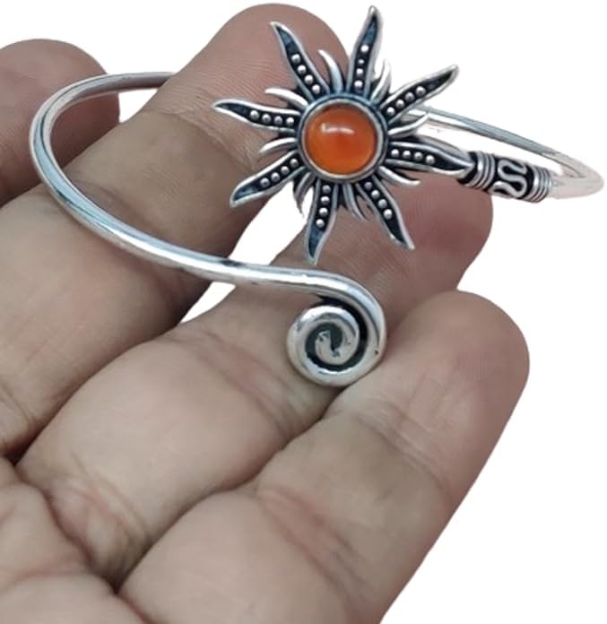 Silver Sunburst Arm Cuff, Carnelian Stone Boho Upper Arm Bracelet, Spiral Arm Cuff, Gemstone Armlet, Sun Bohemian Jewelry Gift