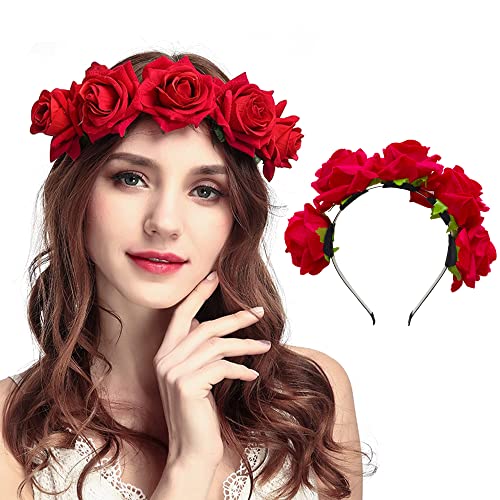 duoyif Rote Rose Haarband Rose Blume Stirnband, Blumen Krone Kopfschmuck Rose Haarschmuck Garland Stirnband, Rose Blume Stirnband FüR Cocktailparty Bühnenshow Hochzeit Geburtstag Weihnachten Ostern