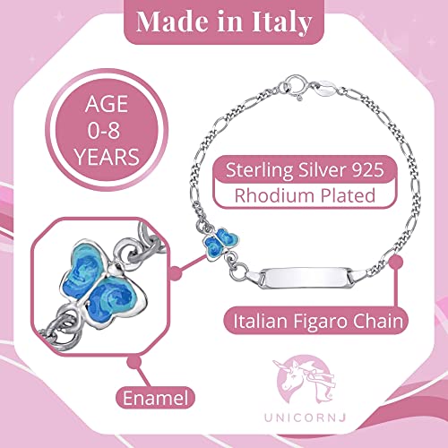 UNICORNJ 925 Italy Sterling Silver Child or Baby Name Bracelet Girls Boys, Personalized Engraved Kids ID Bracelets, 6.5" Figaro Chain, Enamel Charm Newborn Infant Toddler Kid Jewelry3