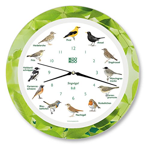 KOOKOO Singvögel Leaf, Die Singende Vogeluhr, mit 12 heimischen Singvögeln und echten...