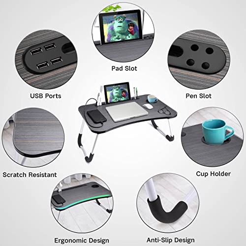 Image of Slendor Foldable Lap Desk with Cup Holder for Bed, Couch, Floor | Portable,with USB Light, Fan, Pen Holder,Tablet Holder,for Laptop,Writing,Eating, Black