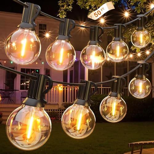 WEKUBA Festoon Lights Outdoor 15.2M/50FT 25 Bulbs+1 Spares G40 LED Outdoor Lights Warm White ShatterproofWaterproof Connectable Hanging Lights for HouseBackyardGardens Terraces Tents