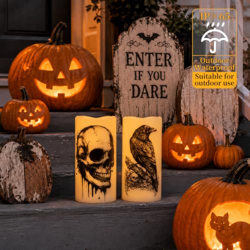 Image of Amagic 3 inchx6 inch Halloween Flameless Candles, Waterproof LED Pillar Candles | Battery Operated Candles with Remote & Timer, LED Pillar Lights for Outdoor, Patio, Home, Halloween and Holiday Decor