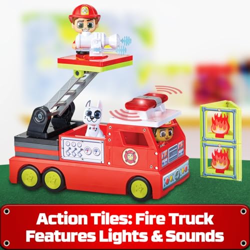 Tile Town Fire House + Firetruck Magnetic Tiles Building Playset & Vehicle w/ Lights & Sounds + Figures, Kids 3-5+ - Image 3
