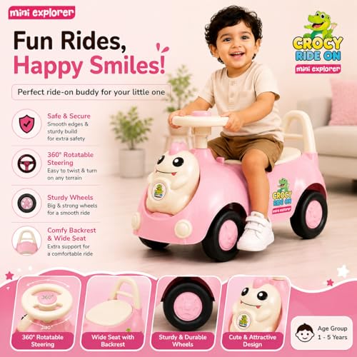 Image of MiniExplorer Crocsy Wiggle Car for Kids Age 1-5 Years, Twisting Swing Magic Car with Silent Wheels, Anti-Rollover Ride On Toy for Boys & Girls, Shockproof Yoyo Car - Pink