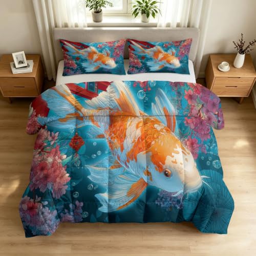 Edredón de anime japonés Koi de 200x200 cm con dos fundas de almohada 2
