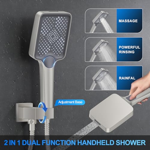 Image of Woindo Shower Faucet Set, 12 inch Wall Mount Rainfall Shower System with 2 Rain Shower Head and Multi-function Handheld Head Push Button Diverter Shower Faucet Trim Kit