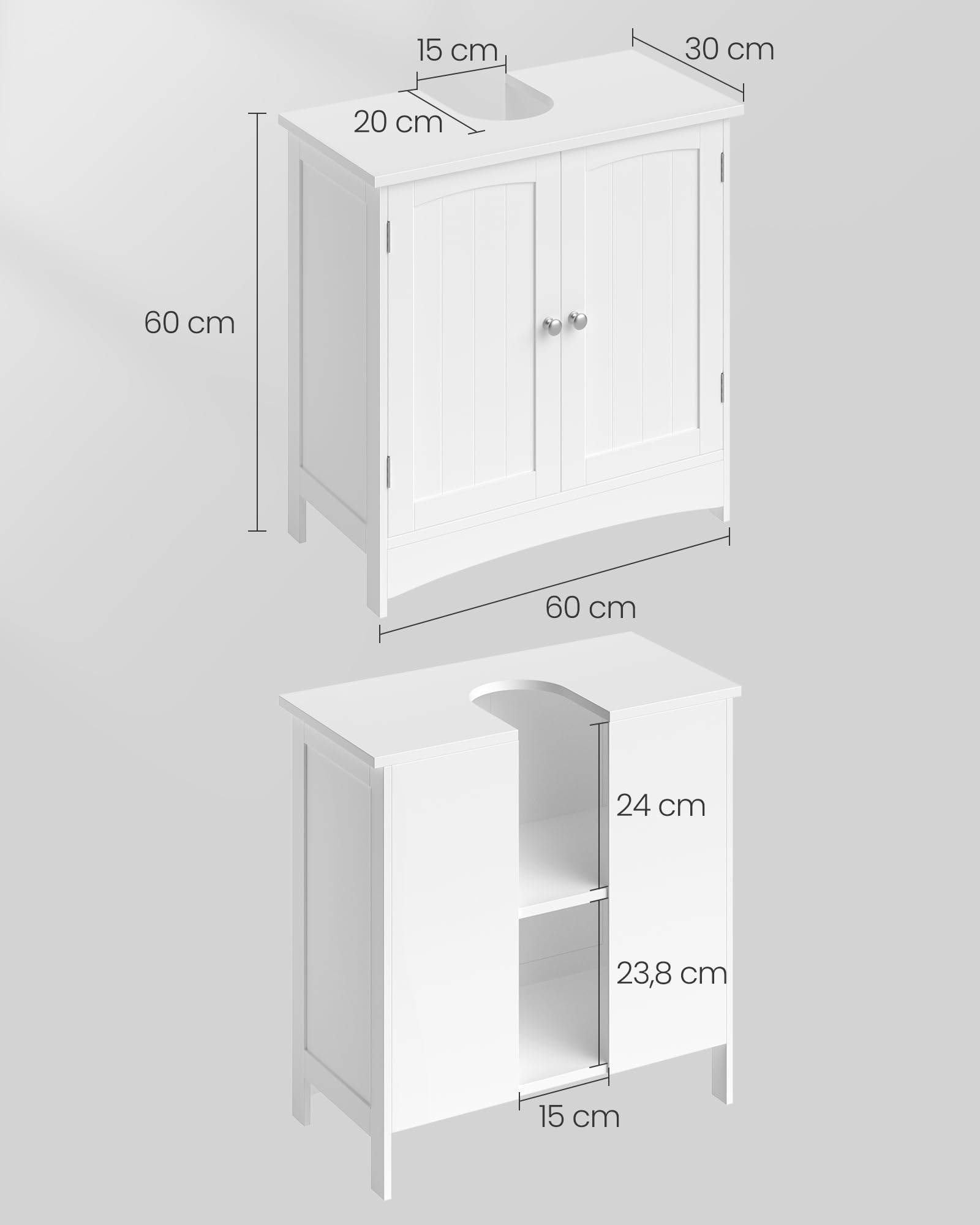 VASAGLE Waschbeckenunterschrank, Unterschrank, Badezimmerschrank, 30 x 60 x 60 cm, 2 Türen, Badschrank, höhenverstellbare Ablage, weiß BBC01WT