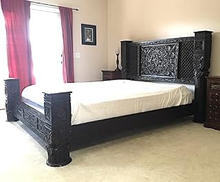 Hand-carved wooden Lotus Pillar Bed with lattice headboard