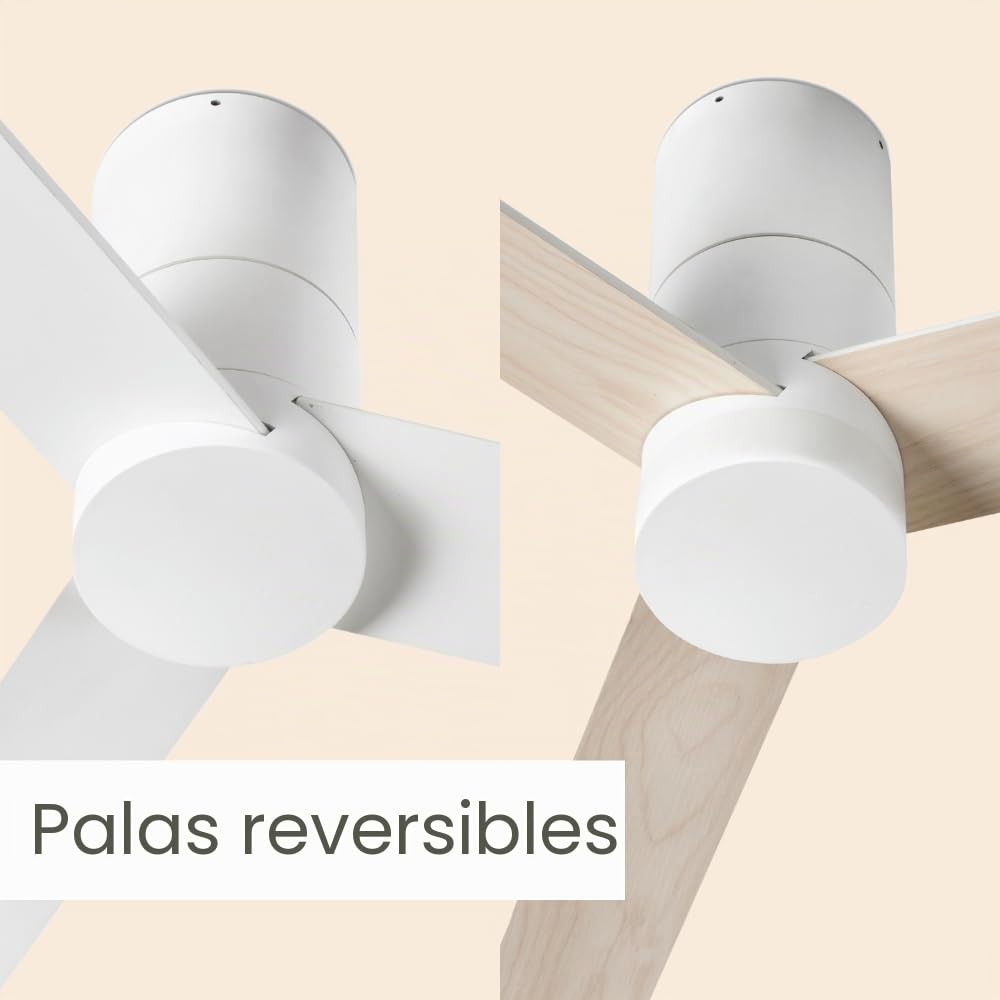 / HYBRID/Ventilador de techo blanco y palas reversibles blanco-arce Ø120 cm/Ultra Silencioso, bajo consumo, 6 Velocidades, Mando a Distancia, Verano-Invierno, temporizador, modo brisa