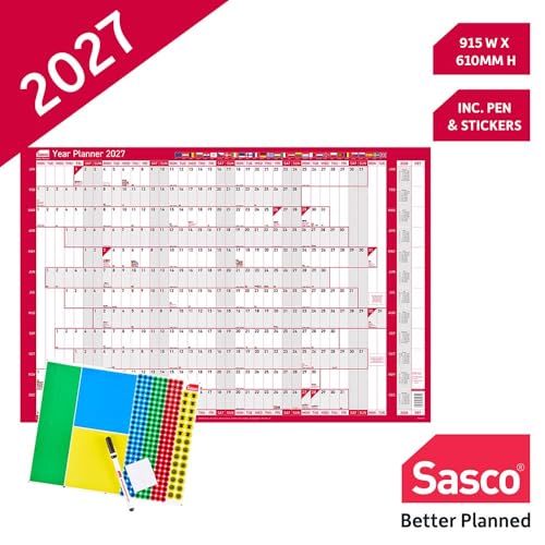 Planificador de pared 2027 Sasco calendario póster grande rojo para oficina con calcomanías