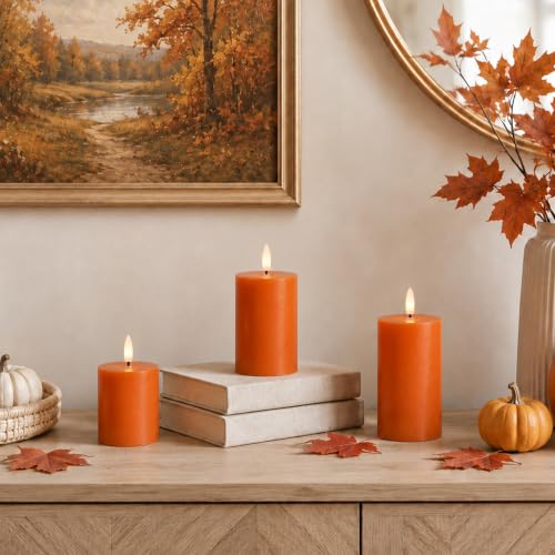 Image of JOIONE Orange Flameless Pillar Candles with Remote, 3 Pack Halloween Decor | Battery Operated LED, Fall Orange Real Wax, Remote Control, Warm Flickering Glow, Safe Halloween Home & Party Decor
