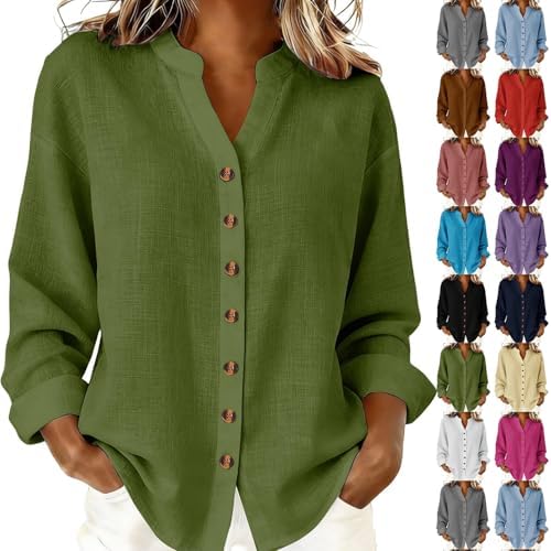 Linen Shirts for Women Casual Button Down Long Sleeve V Neck Shirts Lightweight Plain Rolled Up Summer Beach Tops