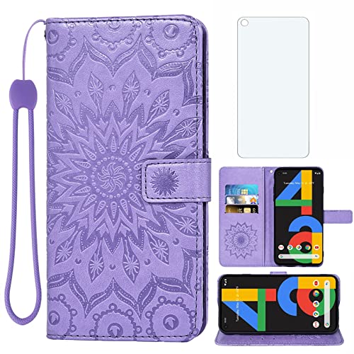 Étui portefeuille Google Pixel 4a 4G Asuwish avec protection écran verre trempé fleur tournesol
