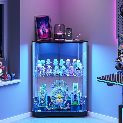 Dystler Corner Display Cabinet with Glass Doors, Small Display Case with 3-Color LED Lights and Charging Station, 2-Tier Curio Cabinet with Storage and Shelf for Living Room, Black