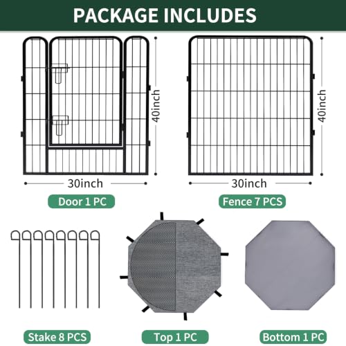 Image of PETIME Dog Playpen,Metal Exercise Puppy Pen Heavy Duty Kennels Yard Fence Indoor /Outdoor 8 Panels Dog Cage with Octagon Top Cover /Bottom Pad (Playpen+Octagon Top+Bottom, Grey, 40 inch H)