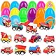SULOLI 12 Stück Gefüllte Ostereier mit Fahrzeuge，Stadtautos und Lastwagen im Ostereier,Osterkorb Füller mit Spielzeugautos für Kinder Ostern Party