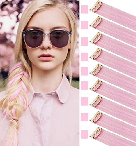 Sararhy Colored Hair Extensions Clip In Holiday Party Highlights 21 Inch Straight Synthetic Pink Hairpieces For Girls Women Girls Hair Accessories 16 Pcs (Light Pink) #TOP1
