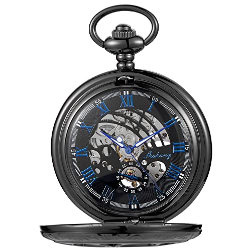Image of Black and Silver Roman Numeral Dial Mens Mechanical Moon Phase Design, Moon Sun Pattern Skeleton Mechanical Pocket Watches for Men with Case and Chain - Black