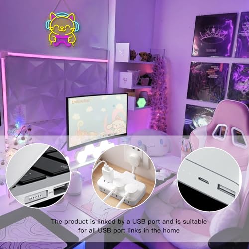 Image of Ineonlife Game Cat Neon Sign for Wall Decor Light Up Cute Animal Led Signs for game room Acrylic Art Decor for home bar bedroom cafe man cave Decorations 12.99x12.6 inch USB POWER