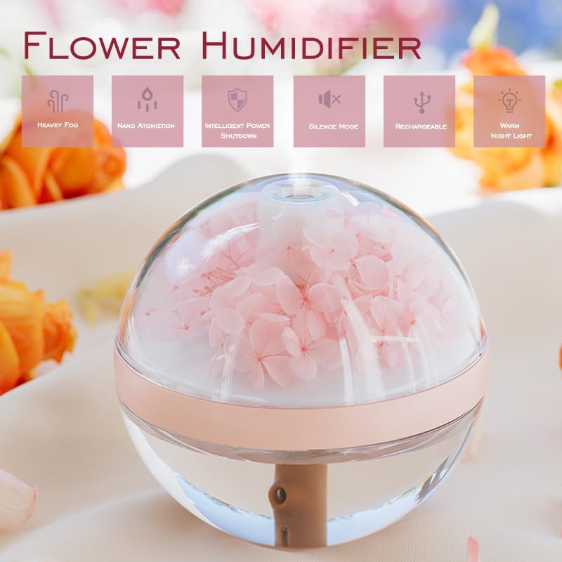 Miniatura 2 de Humidificador portátil de flores preservadas, capacidad de 9.1 fl oz, difusor de aceite esencial recargable con luz nocturna y apagado automático