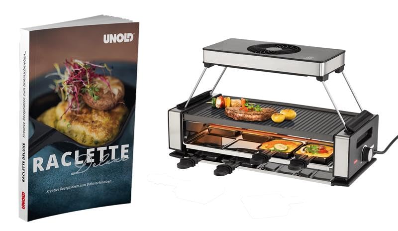 Unold 48985 Raclette Smokeless inkl. Raclette Rezeptbuch mit 50 Rezepten | Rauchfreier Raclette-Grill für 8 Personen mit Dunstabzugshaube, wendbarer Antihaft-Grillplatte, Edelstahl/Aluminium, 1200W