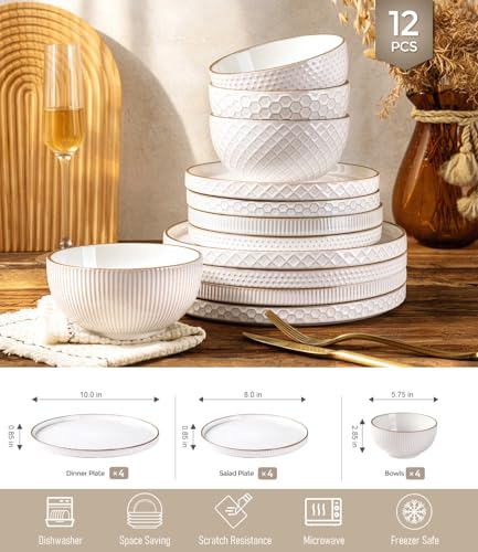Image of GBHOME Stoneware Dinnerware Sets Service for 4, 12 Piece Embossed Plates and Bowls Set, Elegant Ceramic Dish Set, Chip Resistant, Microwave & Dishwasher Safe, Off white(stackable)