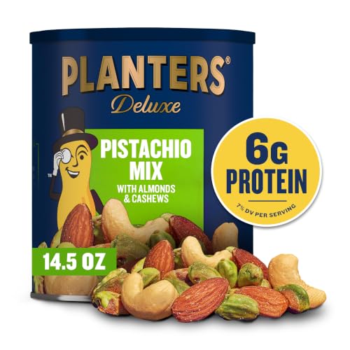 Image of PLANTERS Deluxe Pistachio Mix, Plant Based Protein, 14.5 Oz (1 Ct) | Salted Mixed Nuts: Pistachios, Almonds, Cashews. Snacks for Adults. Resealable Canister. Party Snack