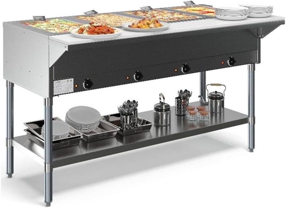 Pemberly Row Four Pan Open Well Electric Steam Table, Stainless Steel with Undershelf, Independent Heating Controls, ETL Listed, Professional Buffet Warmer for Catering and Events