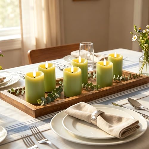 Image of Sage Green Flameless Votive Candles with Remote Batteries Set of 6 | 2x3 inch Small Flickering LED Pillar Candles, Battery Powered, Real Wax Coating, Home Table Shelf Decor