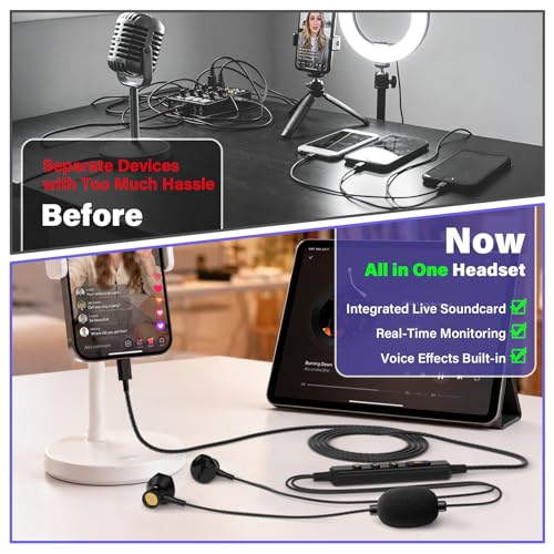 Image of KM08U Sound Card Karaoke Headset with in-Ear Monitoring, Voice Changer, Noise Reduction, Portable All-in-One Karaoke Headphone with Mic, Plug & Play Wired Earbuds for Streaming Recording Singing