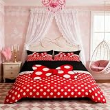 Homewish Bowknot Duvet Cover Set Queen Size,White Dots Bedding Set 3pcs for Kids Teens Girls Boys Room Decor, Romantic Princess Style Comforter Cover Red and Black Quilt Cover with 2 Pillowcases