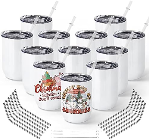 AGH 12oz Sublimation Wine Tumbler Blanks Wine Glasses Set of 12, Stainless Steel Insulated Wine Tumbler with Lids, Stemless Wine Glass, Wine Accessories Wine Gifts for Women