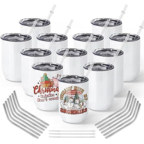 AGH 340 ml Sublimation Weinglas Rohlinge Weingläser Set von 12, Edelstahl Isolierter Weinbecher mit Deckel Cover