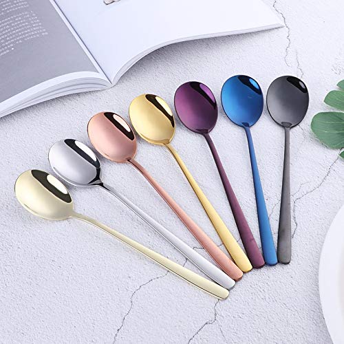 Cuillères à Soupe en Acier Inoxydable de Couleur Cuillères à Long Manche Cuillères à Soupe en Or Rose pour crème glacée Cuillères à dîner Cuillère de Service pour Riz/sal,(6pcs Purple)