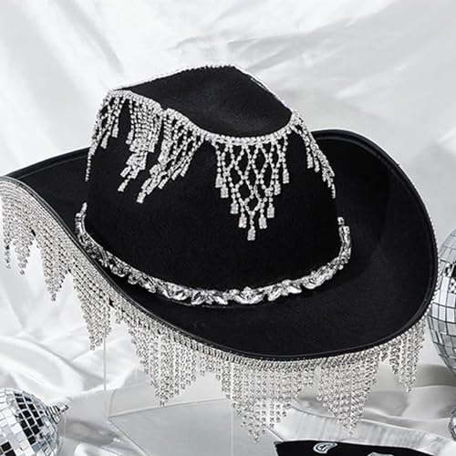 Vacation Hats Tassels Hand Beading Crystal for Girl for Carnivals Music Festival Black4