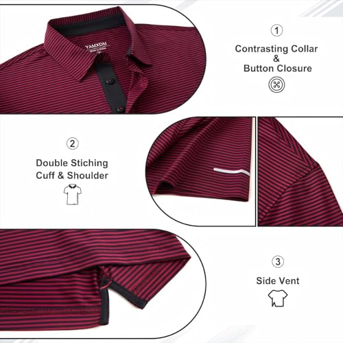 Image of Golf Shirts for Men - Dry Fit Moisture Wicking Short Sleeve Performance Sport Casual Striped Collared Mens Polo Shirt