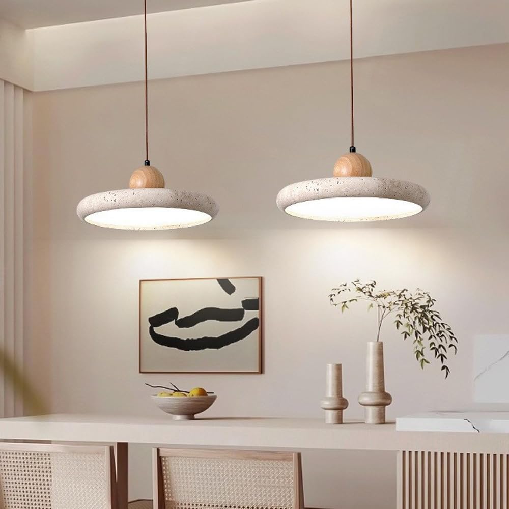 Wabi Sabi Lampa wisząca z kamienia naturalnego Okrągła dioda LED Żółta jaskinia Lampa wisząca z kamienia Nordic Żyrandol z drewna Wyspa kuchenna, 28 W Japoński styl Żółty trawertyn Lampy wiszą