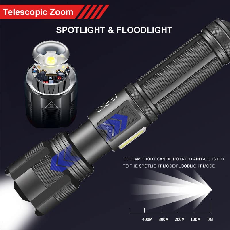 WholeFire Torcia led Ricaricabile USB da 10000 Lumen, Potente Torcia Luminosa Alimentata A Batteria, Impermeabile, Zoomabile Per Campeggio, Militari, Emergenza (Batteria da 3000 mAh Inclusa